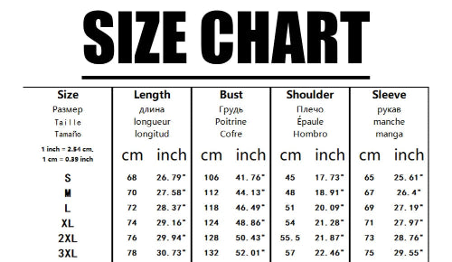 Size chart for clothing measurements in inches and centimeters