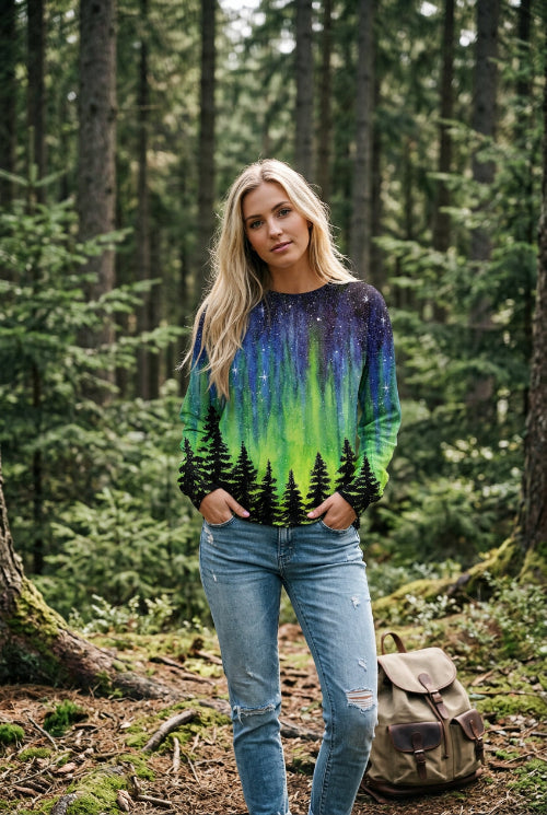 A woman wearing a long-sleeve crewneck sweatshirt with a vibrant aurora borealis print. The design features a dark starry sky at the top, transitioning into bright green 