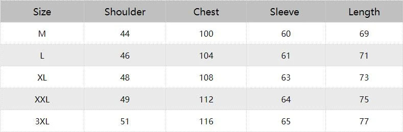 Table showing shoulder, chest, sleeve, and length measurements for different sizes.