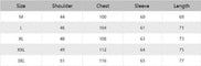 Table showing shoulder, chest, sleeve, and length measurements for different sizes.