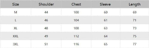 Table showing shoulder, chest, sleeve, and length measurements for different sizes.
