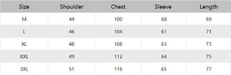 Table showing shoulder, chest, sleeve, and length measurements for different sizes.