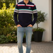 Navy blue long-sleeve polo shirt with colorful stripes on a white background
