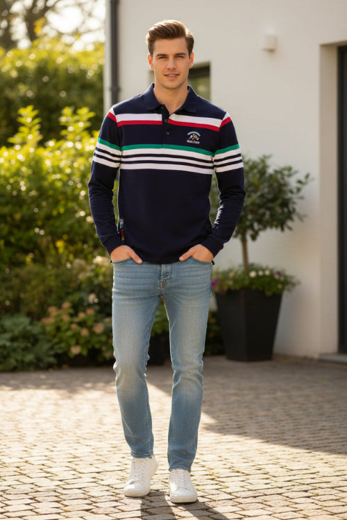 Navy blue long-sleeve polo shirt with colorful stripes on a white background