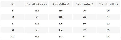 A size chart table showing measurements for clothing sizes S through XXL, with columns for Size, Cross Shoulder(cm), Chest Width(cm), Body Length(cm), and Sleeve Length(cm).