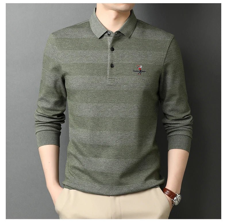 2025 High End New Fashion Brand Striped Designer Embroidery Casual Turn Down Collar Long Sleeve Polo Shirts Men Tops Men Clothes