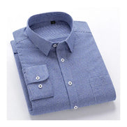 A folded long-sleeve button-down dress shirt with a fine blue and white gingham pattern, featuring a pointed collar, white buttons, and a chest pocket 