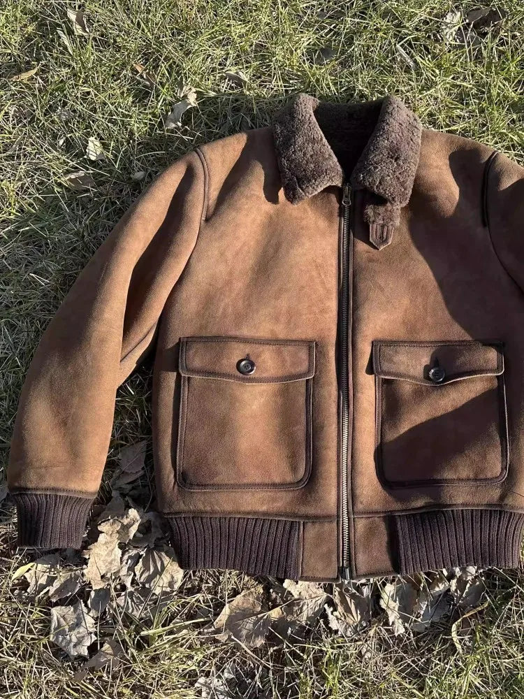 Luxury Genuine Leather Suede Men Jacket Wool Lining Coat Retro Winter Warm Sheepskin Jackets Turndown Collar Real Fur Outerwear