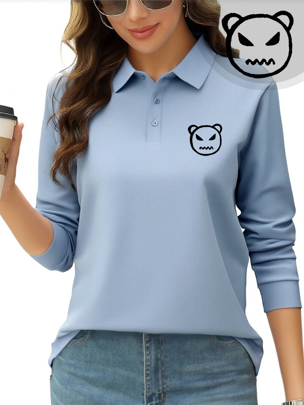 Angry Bear Printing Polo Shirt Womens Autumn Breathable Lapel T-Shirts Commuting Long Sleeves Tops Sporty Womans New Workwear