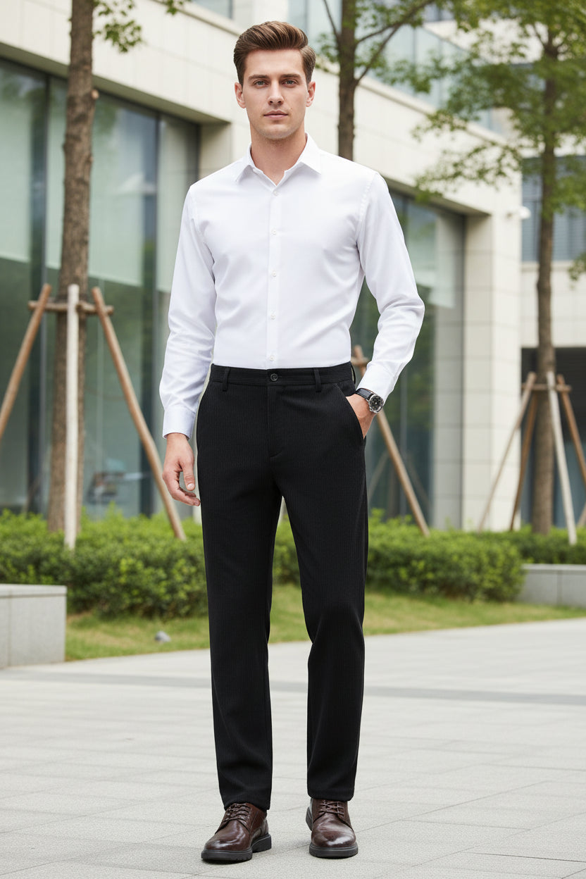 Black pants shown from front and back on a white background