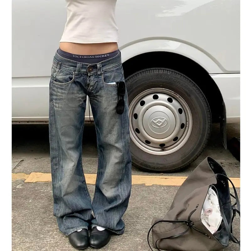AAutumn Women's Blue Y2K Baggy Jeans | Trendy High-Waist Vintage