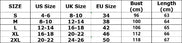 Size chart for clothing with US, UK, and EU size conversions.