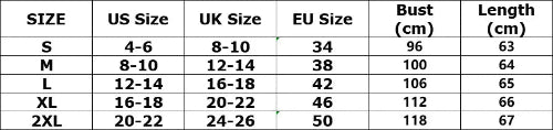 Size chart for clothing with US, UK, and EU size conversions.
