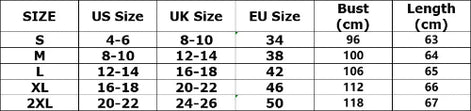Size chart for clothing with US, UK, and EU size conversions.