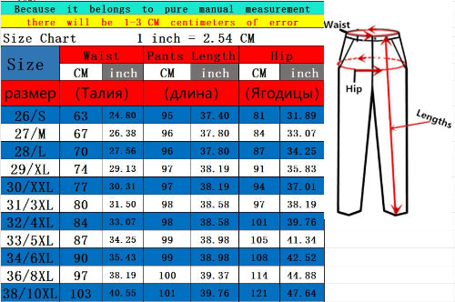 A size chart and measurement diagram for pants, showing a waist, hips, and pants-length size table in Chinese with color-coded rows and a side illustration of how to measure around the waist and hips.