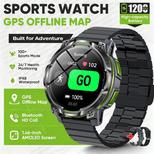 A black sports watch with a textured link band and a bright green display showing 'GO', surrounded by feature callouts including GPS offline map, 120mAh 
