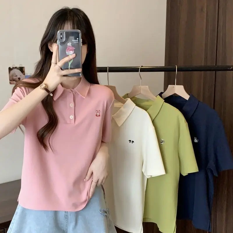 Pink Woman 100℅ Cotton Tshirt Embroidery Polo Neck T Shirt for Women Korean Clothing Y2k Fashion High Quality Youthful Elegant