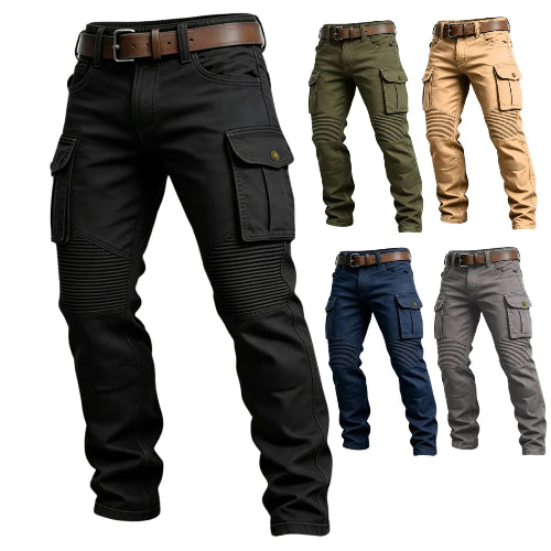 Black cargo pants with flap thigh pockets and ribbed knee panels, alongside smaller views of olive green, khaki, navy blue, and gray options against a white background.