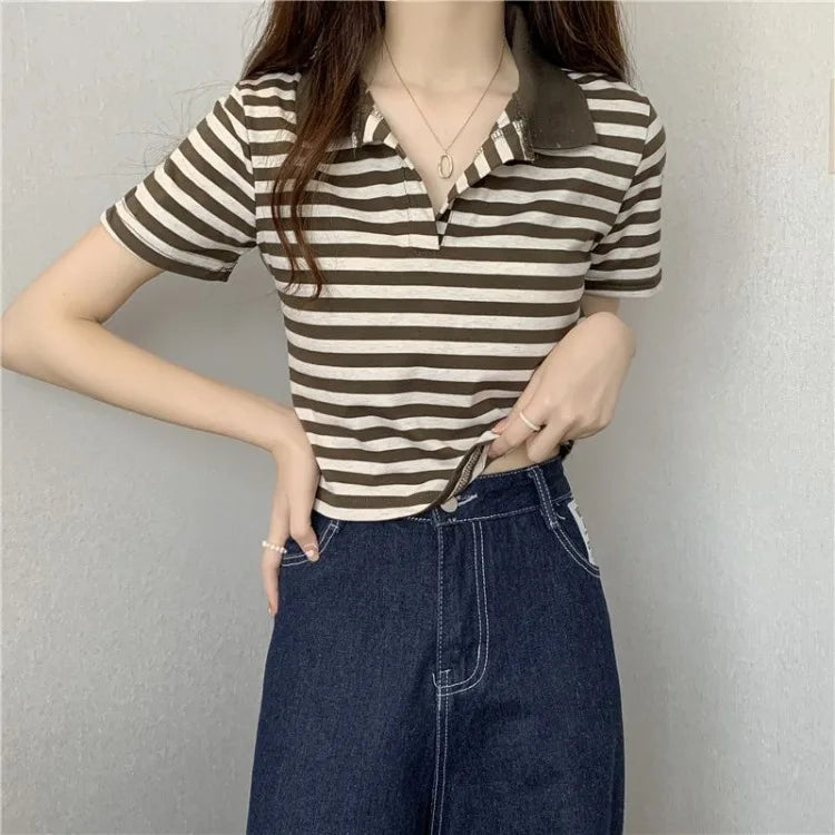 Chic V Neck Short Length Striped Short Sleeve Polo T Shirt For Women Summer 2026 New Niche Top