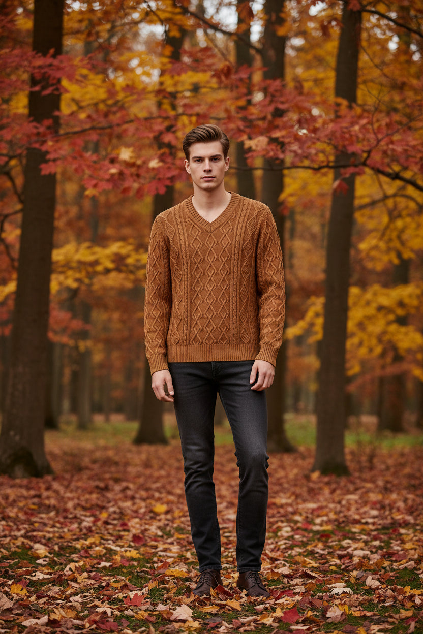 Brown cable knit sweater on a hanger against a light gray background