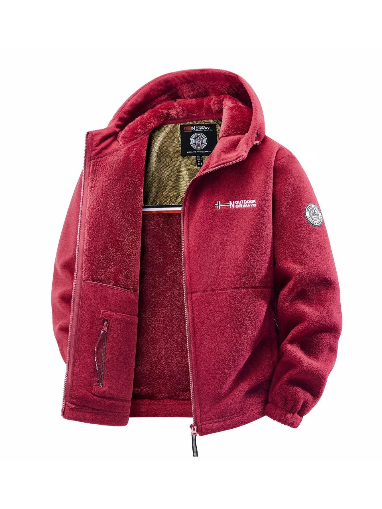 Red fleece jacket with brand logo on a white background
