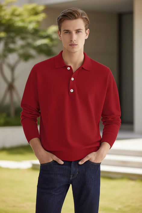 Red long-sleeve polo shirt worn by a person on a beige background