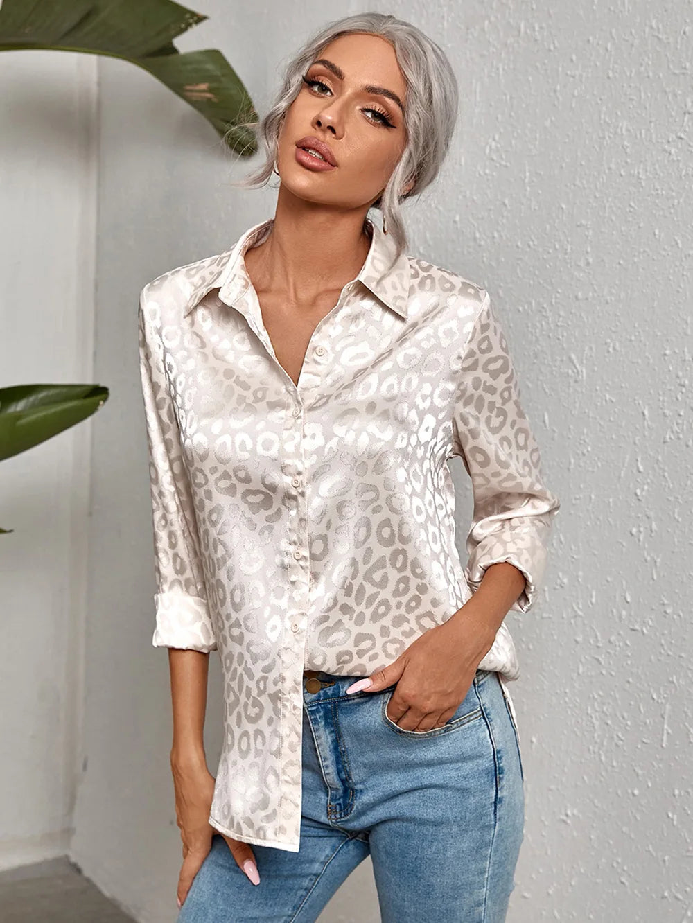 Women Leopard Print Luxury Blouse Spring Summer Long Sleeve Lapen Vintage Button Up Shirt Office Lady Satin Tunics Harajuku Top