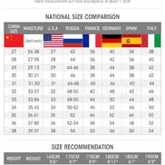 A size chart and sizing comparison table for streetwear clothing, showing measurements in centimeters and inches for various heights, alongside a national size comparison chart 