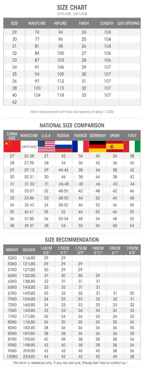 A size chart and sizing comparison table for streetwear clothing, showing measurements in centimeters and inches for various heights, alongside a national size comparison chart 