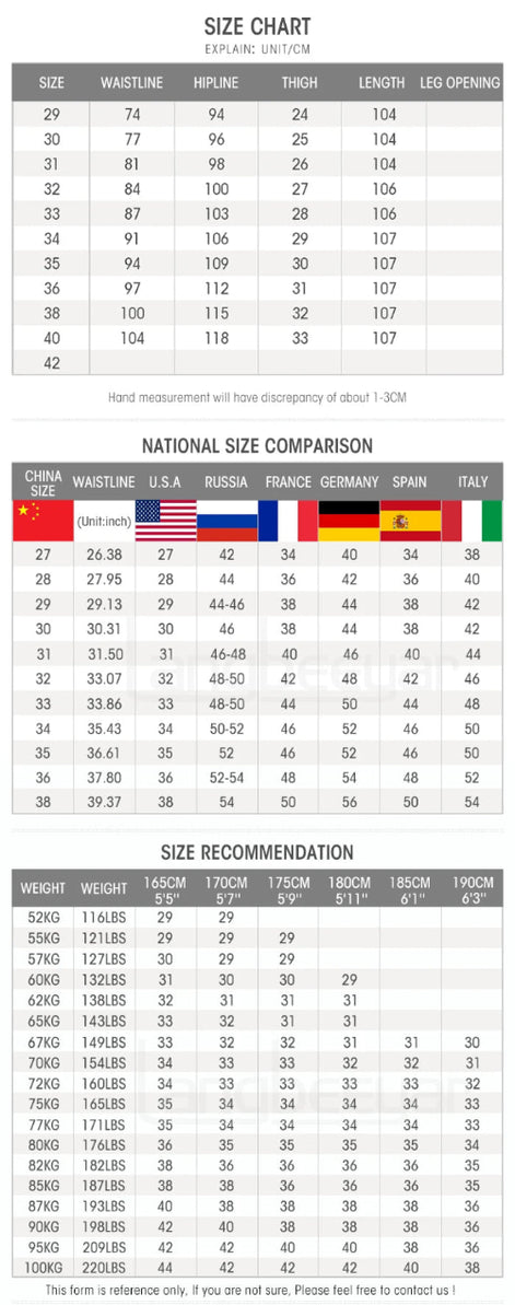 A size chart and sizing comparison table for streetwear clothing, showing measurements in centimeters and inches for various heights, alongside a national size comparison chart 