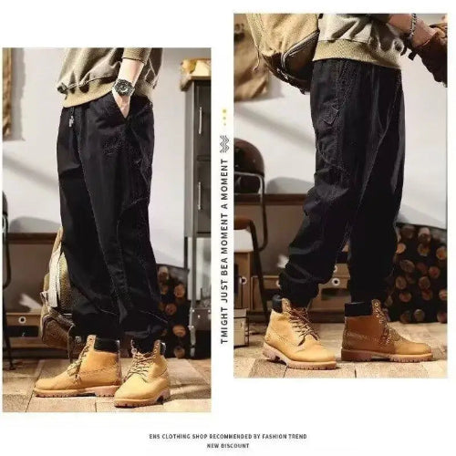 Front and side views of a model wearing black loose-fit cargo pants with curved seam detailing and gathered ankle cuffs, paired with tan lace-up boots.