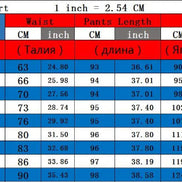 A size chart table with columns for Waist, Pants Length, and Hip, showing measurements in both centimeters and inches 