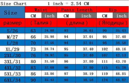 A size chart table with columns for Waist, Pants Length, and Hip, showing measurements in both centimeters and inches 