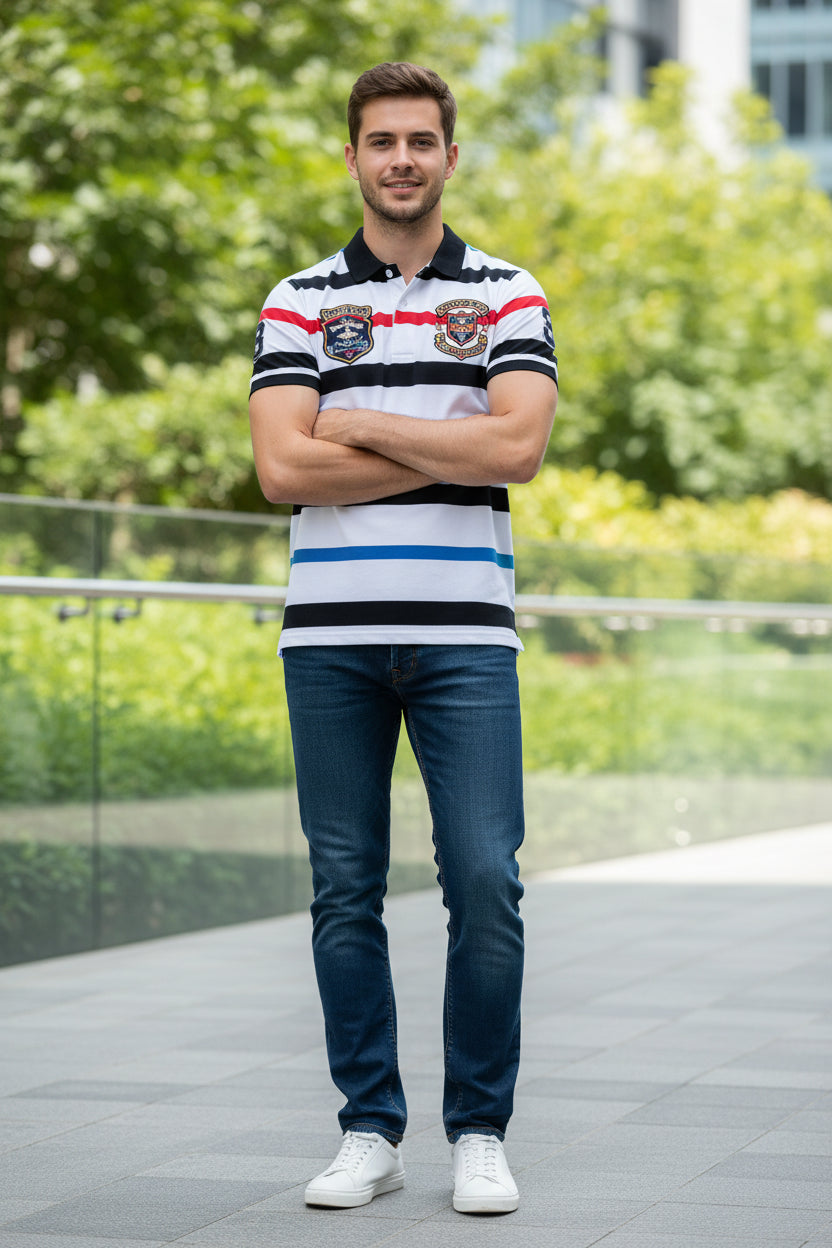 A short-sleeve polo shirt with horizontal stripes in black, white, red, turquoise, and blue. It features a black collar, a black and white striped sleeve, and a small crest logo on the left chest.