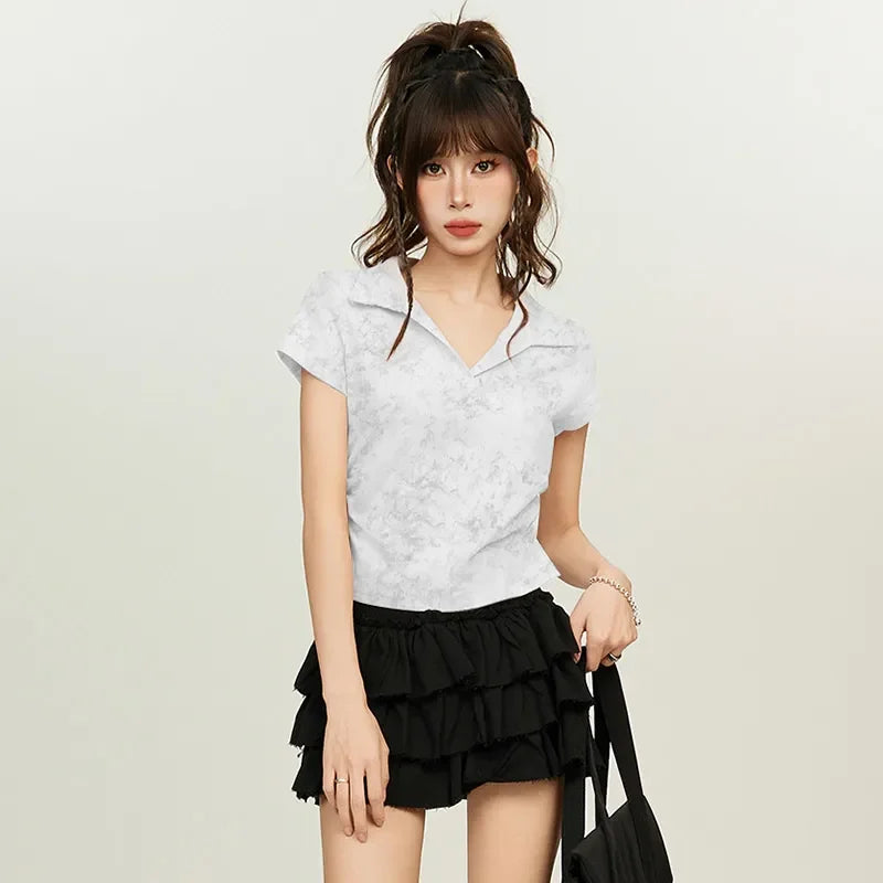 Women American V Neck Polo Collar Tie Dye T Shirt Summer Short Sleeve Slim Waist Cropped Casual Top