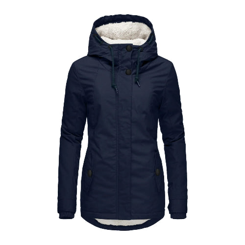 Front view of a navy hooded jacket fully fastened, with a high collar, drawstrings and white fleece-look hood lining against a white background