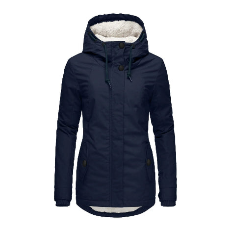 Front view of a navy hooded jacket fully fastened, with a high collar, drawstrings and white fleece-look hood lining against a white background