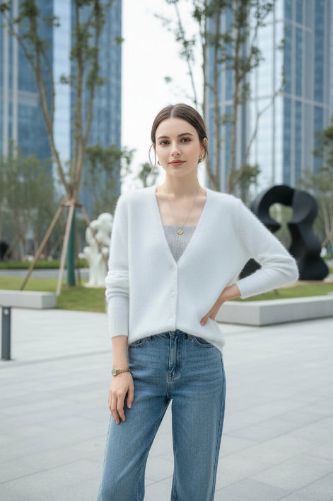 A woman wearing a fuzzy white V-neck cardigan over a ribbed gray top, with blue 