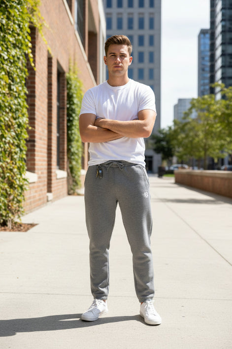 Gray sweatpants with a logo on a concrete surface