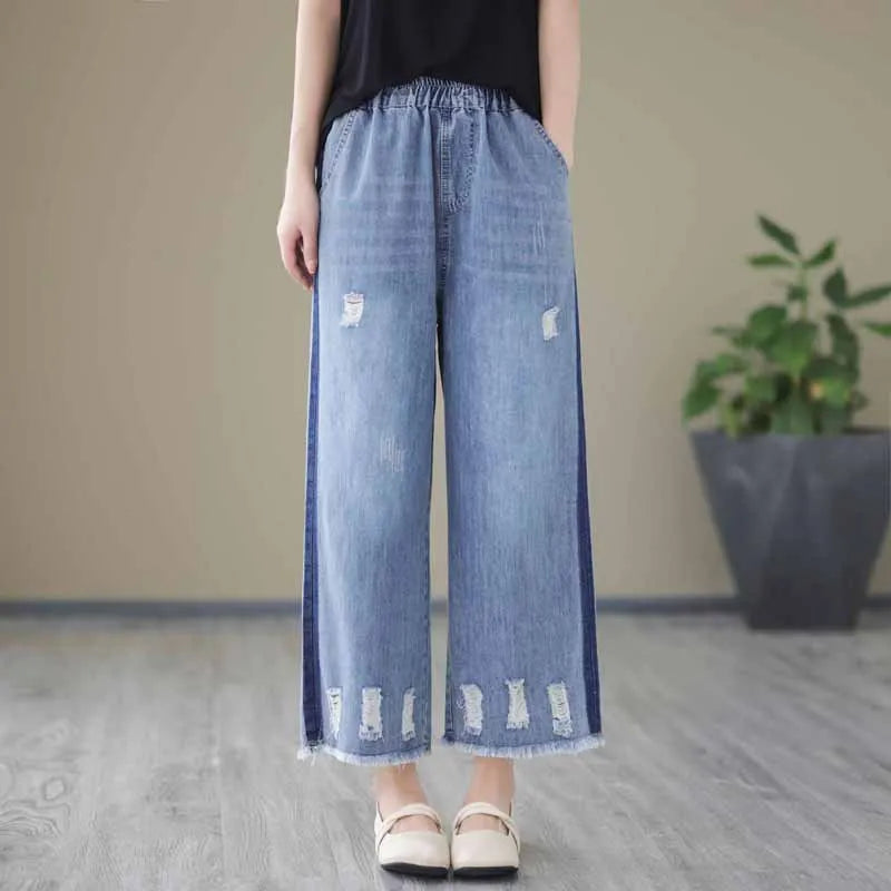 Spring Summer Ethnic Style Vintage Floral Embroidery Denim Wide Leg Pants Women High Elastic Waist Hole Casual Straight Jeans