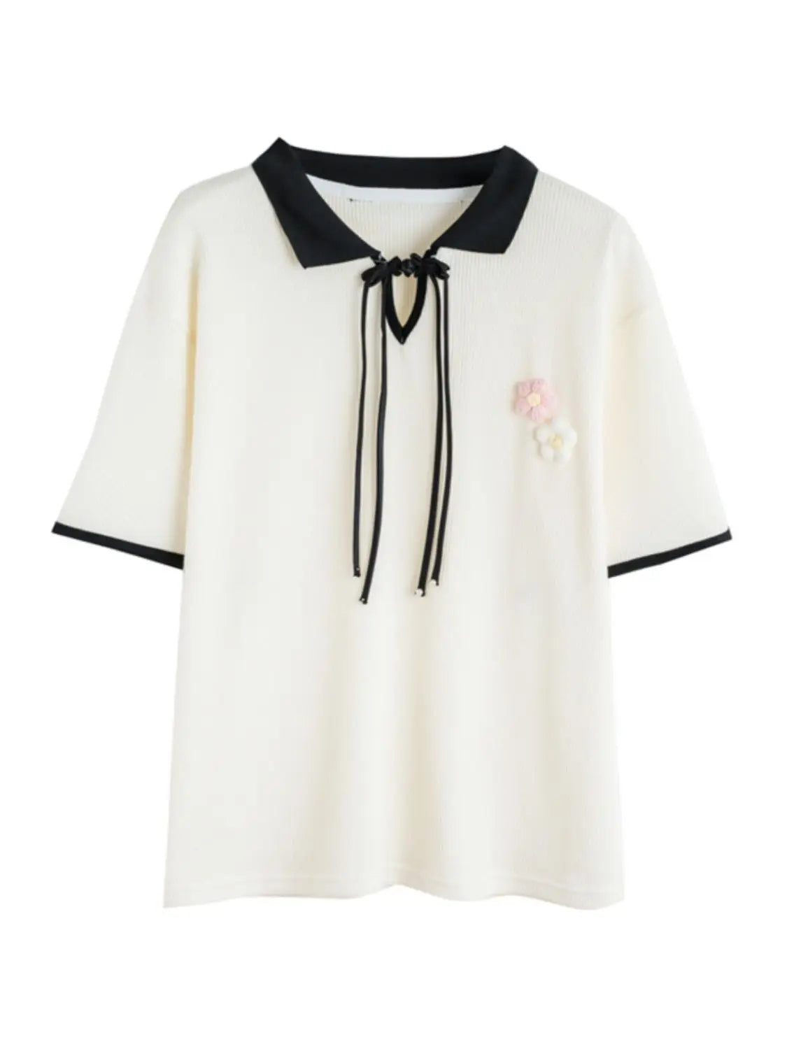 Contrast Color Baggy Woman Short Sleeve Tshirt Y2k Fashion Flower Summer Outfit Youthful Elegant New Polo Neck T Shirt for Women