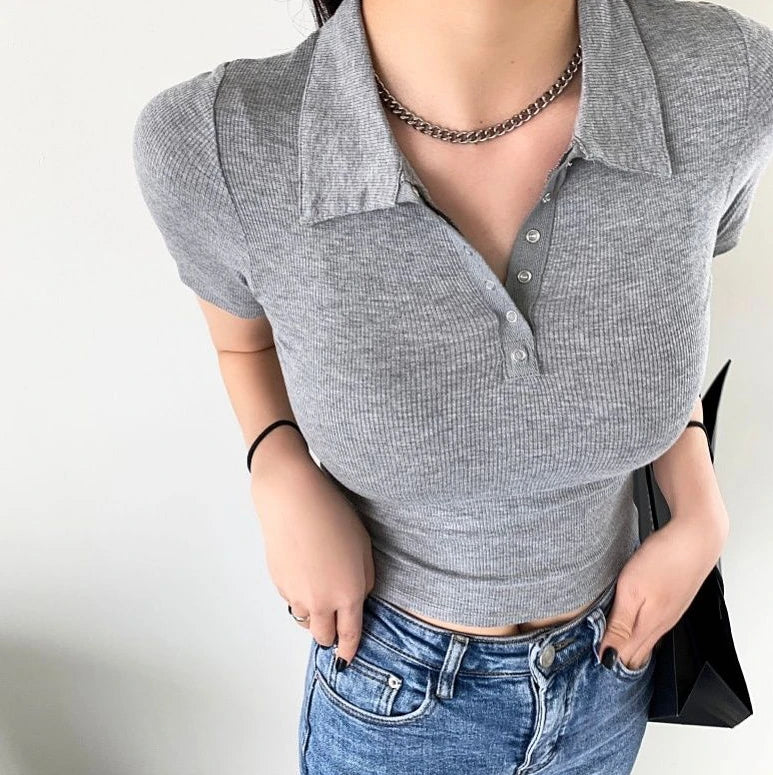 Polo Neck Shirt for Women Sexy Woman T Coquette Clothes Plain 100℅ Cotton Button Slim Korean Style with Collar Pretty Cheap Tops