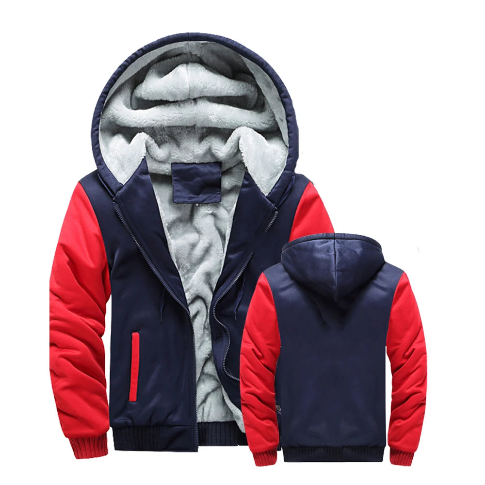 Red and navy blue hooded jacket with gray lining on a white background