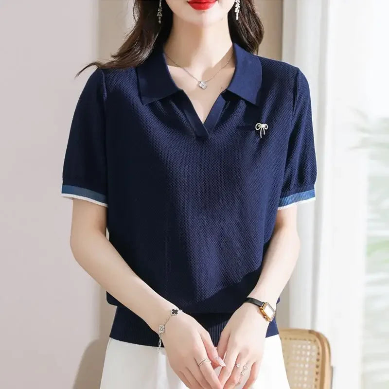Female Tee Baggy Plain Knitted Cute T-shirts Kawaii Women's Polo Pulovers Offer Comfortable Summer 2025 with Collar New On