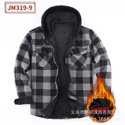 A black and gray plaid hooded flannel shirt jacket with a black inner lining, shown against a white background with a flame graphic and Chinese text overlays.