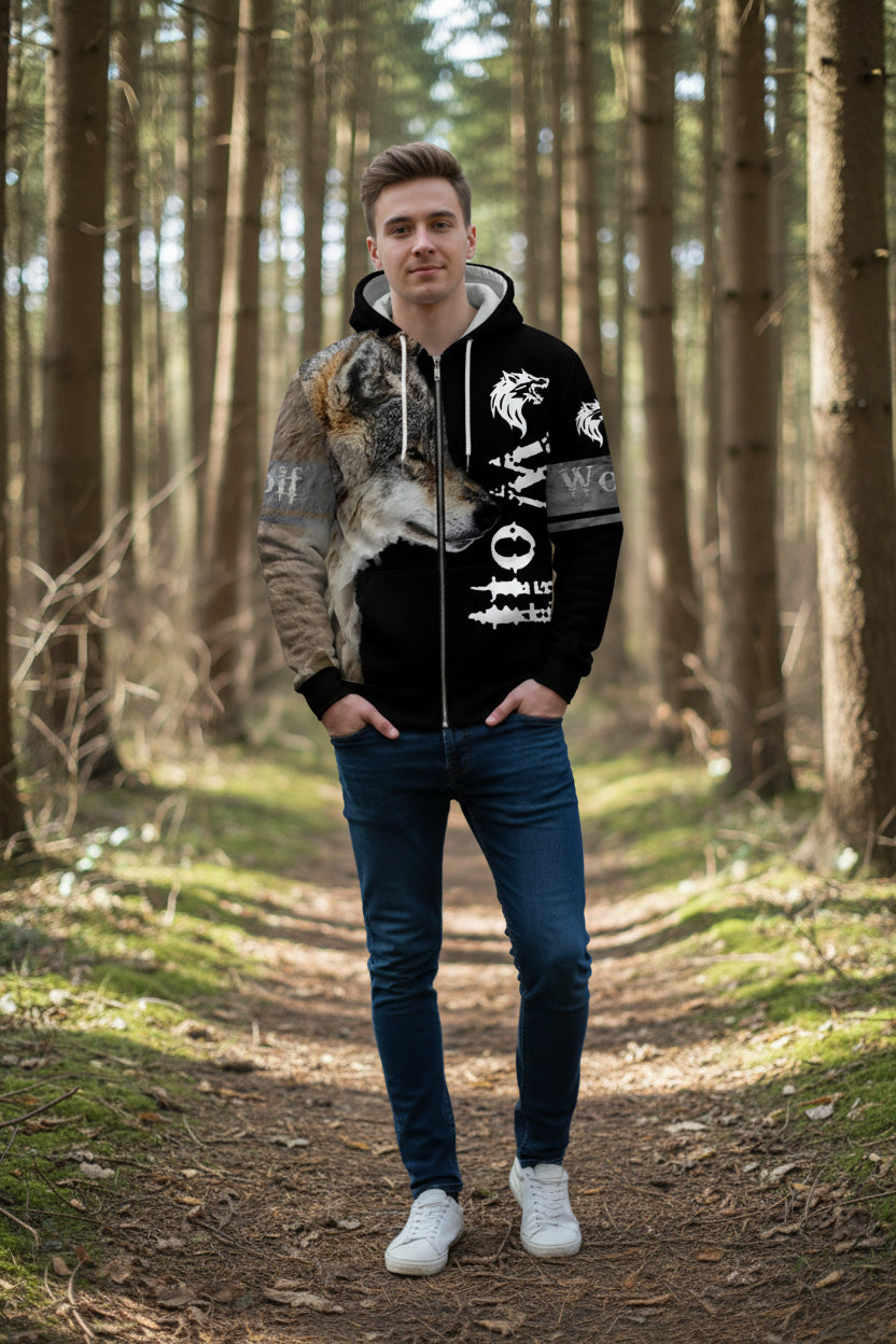 Hoodie with wolf design and 'Wolves' text on a white background