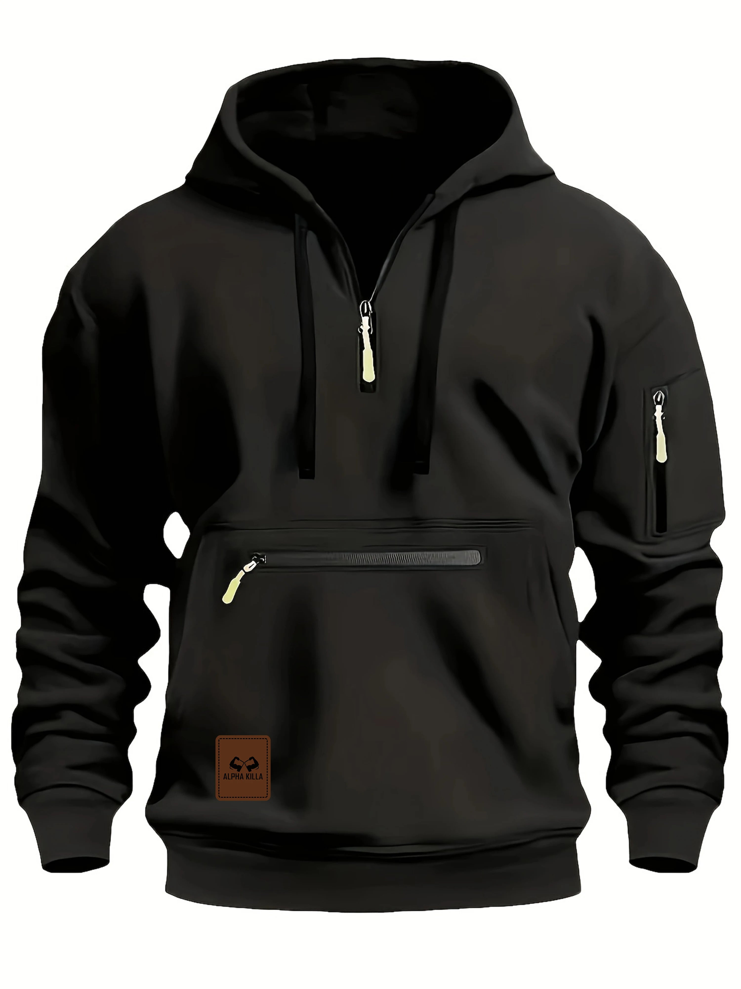 A black pullover hoodie with a half-zip neckline, a front kangaroo pocket with a horizontal zip, a sleeve zip pocket, and a brown brand patch on the lower left front.