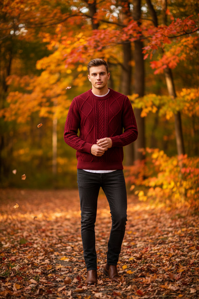 Red knitted sweater in a black box with a silver watch on a dark surface