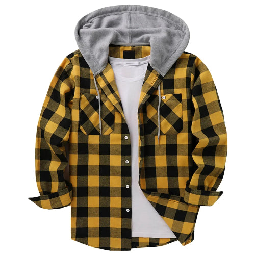 Yellow and black plaid shirt with gray hoodie on a white background