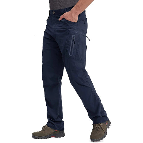 Navy blue pants worn by a person on a white background